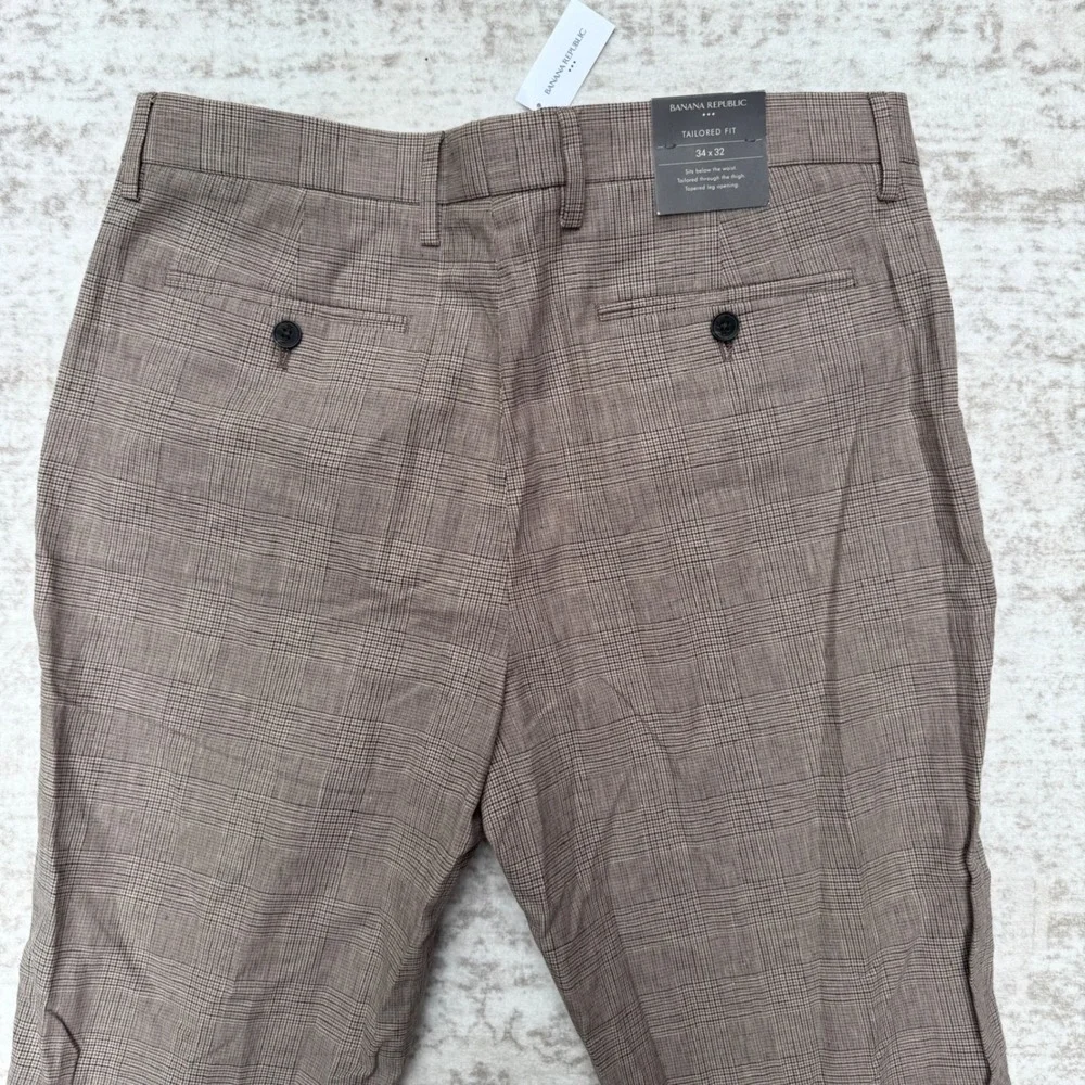 Banana Republic Mens Tailored Fit Glen Plaid Linen Blend Dress Pants Brown 34x32